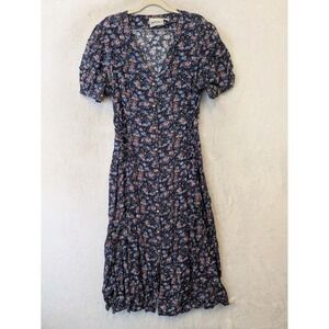 Caroline Wells Dress Women's 16 Navy Floral Button Front Puff Sleeve Midi Rayon